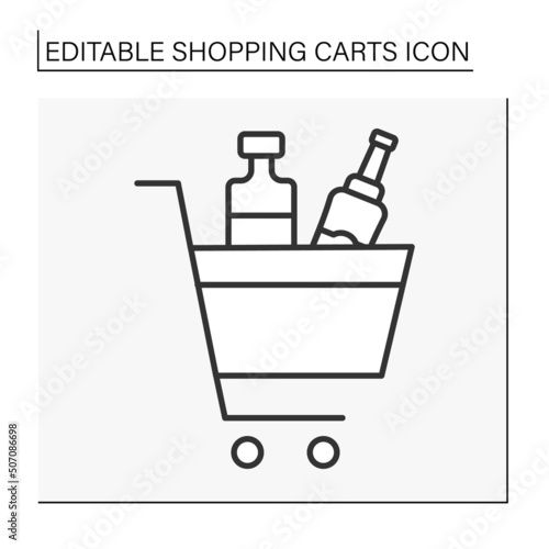  Shopping line icon. Shopaholism. Basket with alcohol drinks. Liquor and spirits store. Shopping cart concept. Isolated vector illustration. Editable stroke