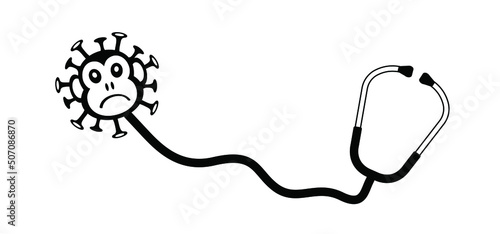 Cartoon monkey virus or monkeypox. Stop the virus belongs to the genus Orthopoxvirus in the family Poxviridae. infectious disease. Ape face with yellow banana. Vector monkey pox symbol or icon.