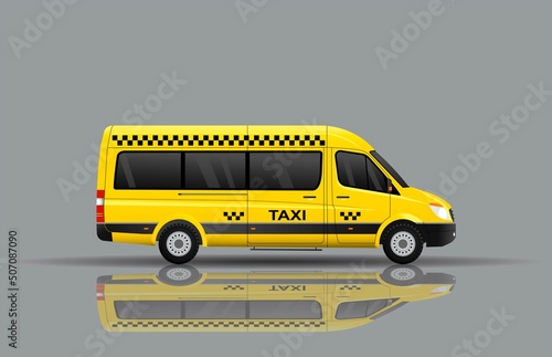 yellow passenger minibus taxi reflecting on the ground. Urban transport. Vector illustration.