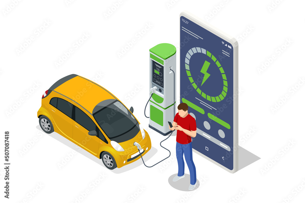 Isometric EV charger station application on mobile. Car charger. Electromobile charging station. Isometric EV charger station application on mobile. Car charger. Electromobile charging station.