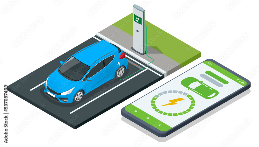 Isometric EV charging station for electric car with mobile app display charger status. Car charger. Electromobile charging station. - obrazy, fototapety, plakaty 