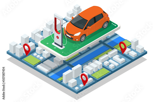 Isometric EV charger station application on mobile. Car charger. Electromobile charging station.