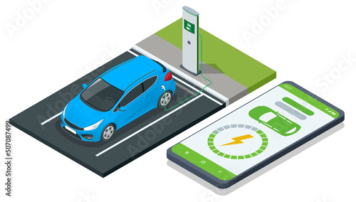 Isometric EV charging station for electric car with mobile app display charger status. Car charger. Electromobile charging station.
