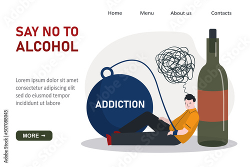 Sad male alcoholic chained to bottle of alcohol drinks. Depressed man addicted to drinking. Template, landing page. Guy have alcohol and drug addiction