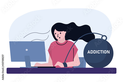 Woman have video game addiction. Idea of medical treatment for addicted people. Girl sitting in computer. Person addicted to virtual gaming
