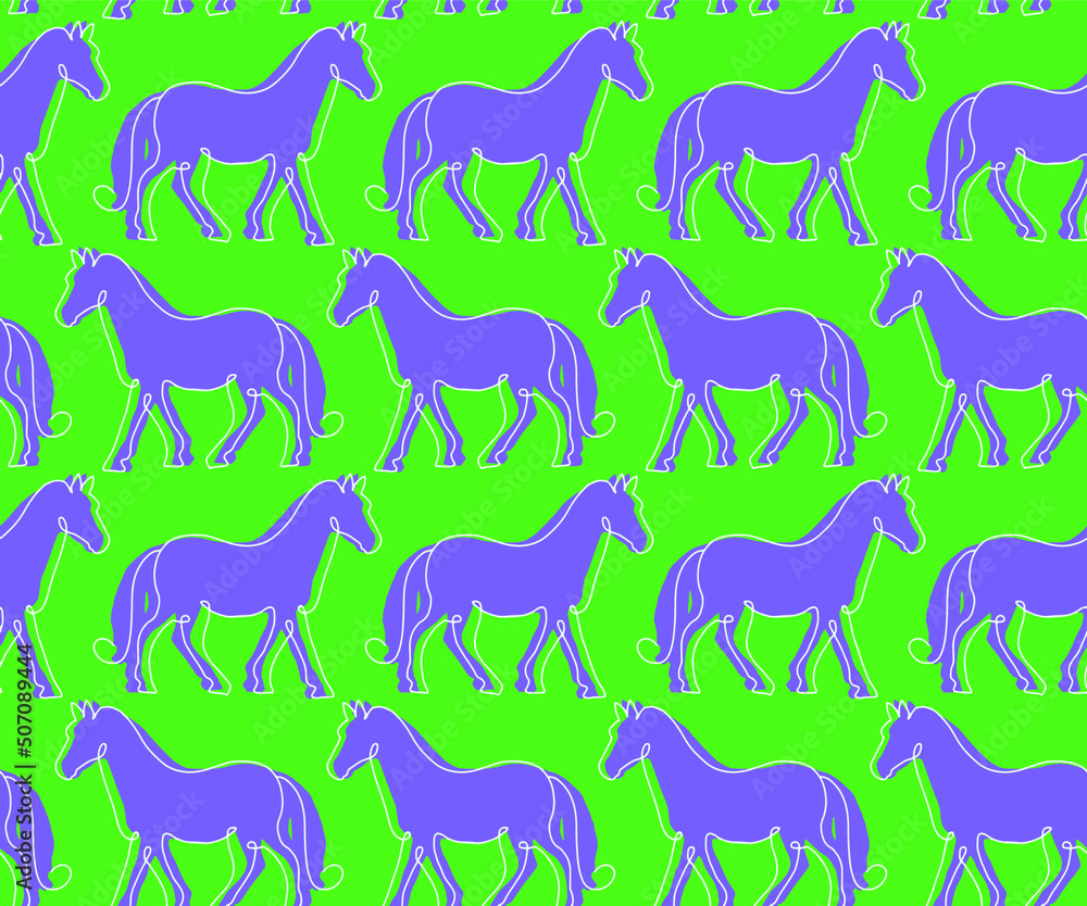 Abstract One Line Drawing Horses with Shadows Seamless Vector Pattern Isolated Background