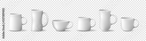 Set of realistic white coffee cups isolated on transparent background. Mock Up Templates. Matte surface. Vector illustration