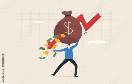 Financial crisis, unexpected stock market drop, money loss, capital devaluation, risky investment strategy, bad economy. Arrow graphs fall down to attack the money bag.