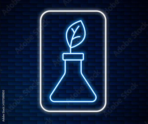 Glowing neon line Plant breeding icon isolated on brick wall background. Plants growing in the test tubes. Organic food ,agriculture and hydroponic. Vector