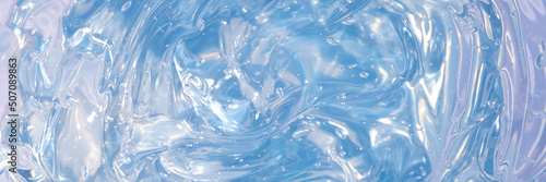 Transparent blue and white gradient Gel background or pattern with light blue lights. Gel blue background Virus protection or facial moisturizing cosmetics concept. Long banner.