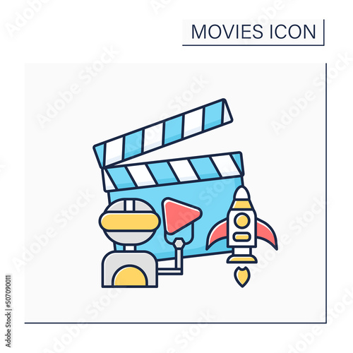 Sci-fi movie color icon. Film genre with half-science plot. Include alien worlds, time travel with robots and spacecraft. Movie concept. Isolated vector illustration