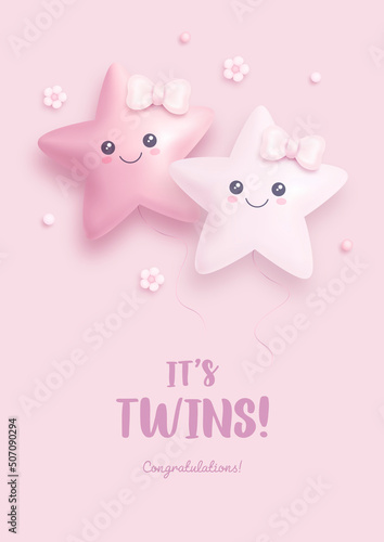 Baby shower invitation with cartoon helium balloons and flowers on pink background. It's twins. Vector illustration