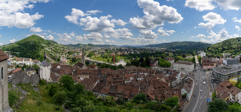 panorama view of the historic old town and vicinity of Baden on the Limmat