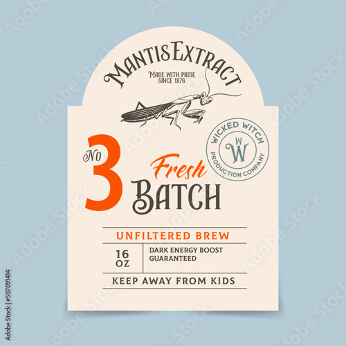 Halloween Bottle Label with Mantis. Vector Illustration