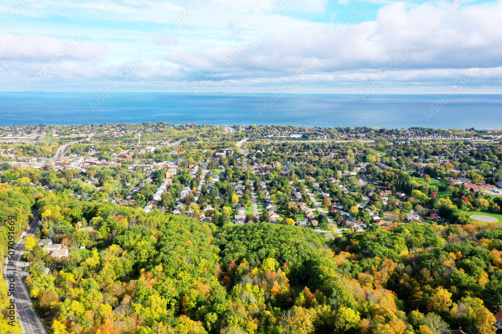 Aerial of Grimsby, Ontario, Canada with lake in background