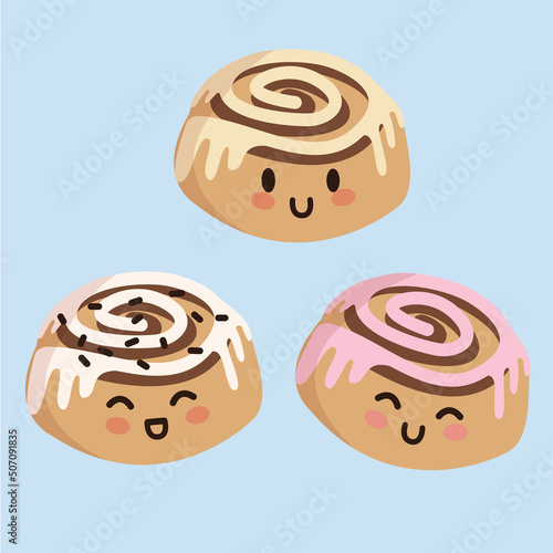 Three cute buns. Bun cutie smiles. Pastries with custard. Cinnamon bun.



