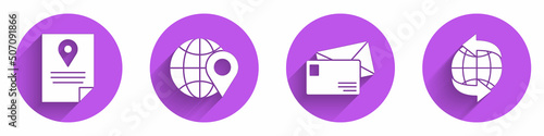 Set Document tracking marker system, Location on the globe, Envelope and Worldwide icon with long shadow. Vector