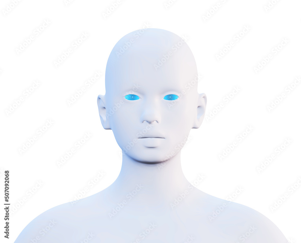 3d render of minimal female head, robot, frontal view, isolated on white 3d render of minimal female head, robot, frontal view, isolated on white