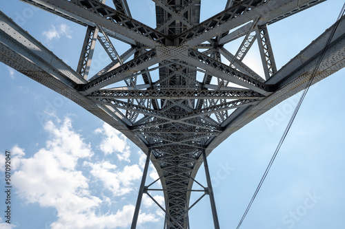 View of the Luís I Bridge from below on a sunny day in Porto, Portugal © martinscphoto
