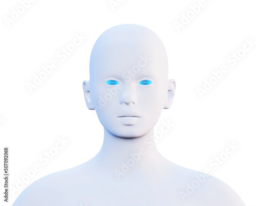 3d render of minimal female head, robot, frontal view, isolated on white