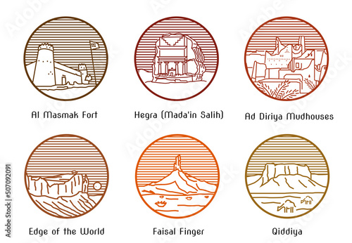 Heritage and Natural Landmarks of Saudi Arabia done in Line art style concept. Editable Clip Art. photo