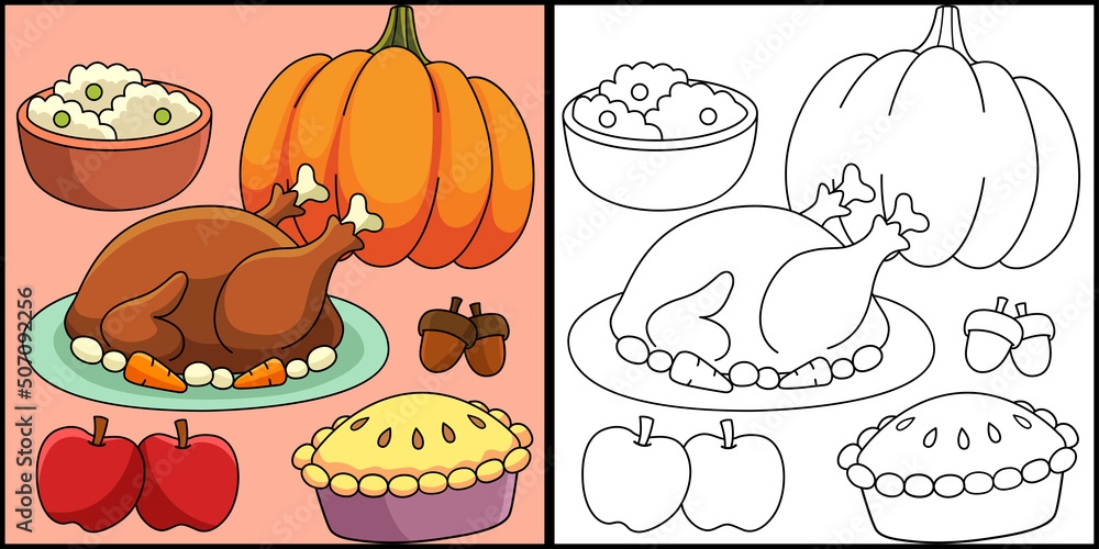 Thanksgiving Feast Coloring Page Illustration Thanksgiving Feast Coloring Page Illustration