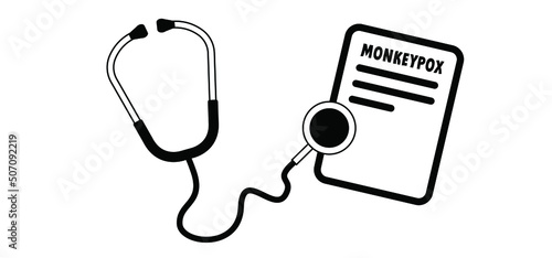 Cartoon monkey virus or monkeypox diagnoses. The virus belongs to the genus Orthopoxvirus in the family Poxviridae. infectious disease. Ape face. Vector monkey pox symbol or icon
