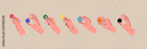 Human hands hold geometric flat circle shapes. A set of isolated objects in the background. Trending vector graphics.