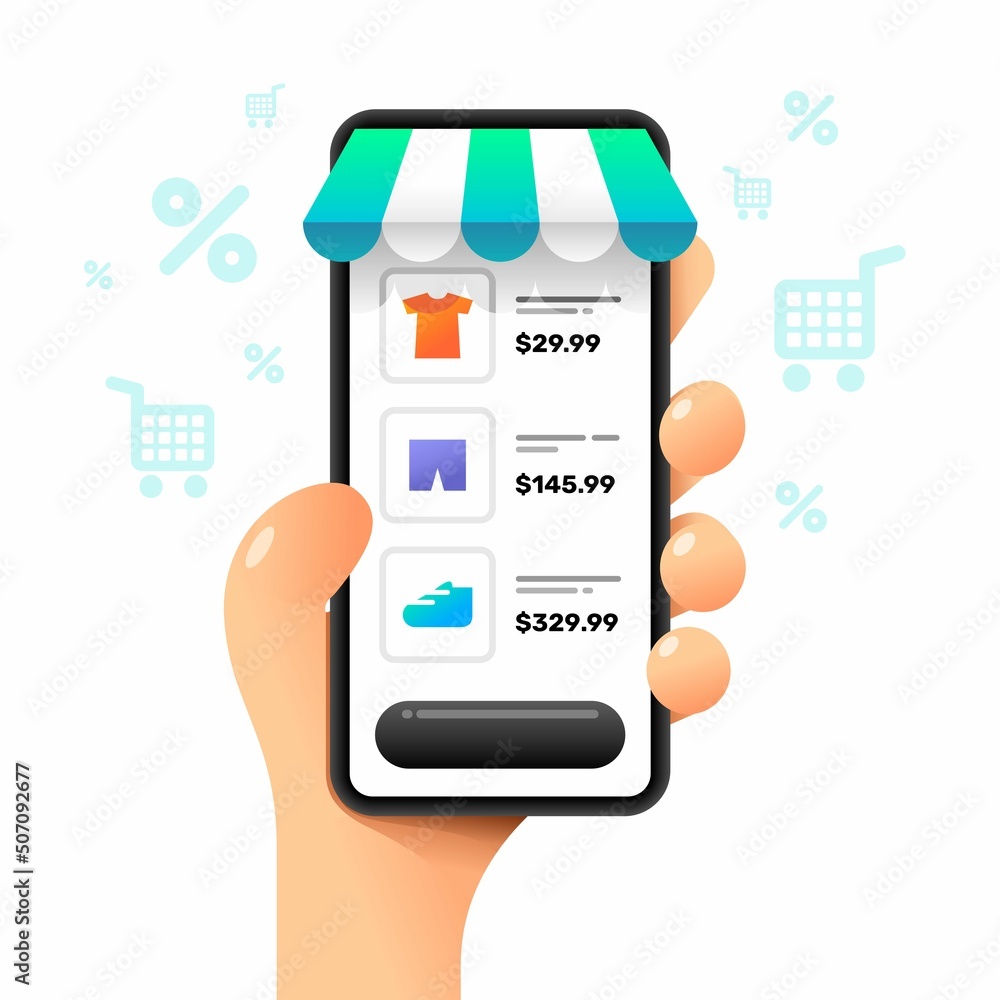 Smartphone mockup in human hand. Buying goods in the store. Vector online shopping illustration Smartphone mockup in human hand. Buying goods in the store. Vector online shopping illustration