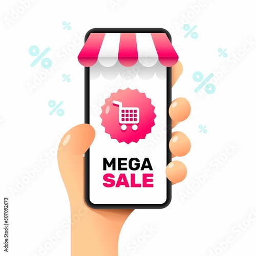 Smartphone mockup in human hand. Mega sale in the store. Vector online shopping illustration