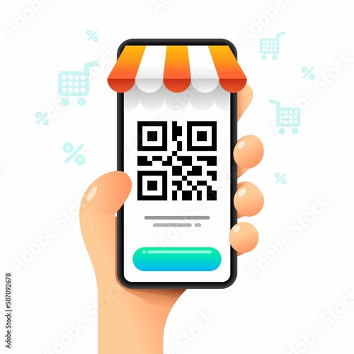 Smartphone mockup in human hand. Marketplace. QR code scanning. Vector colorful cryptocurrency illustration