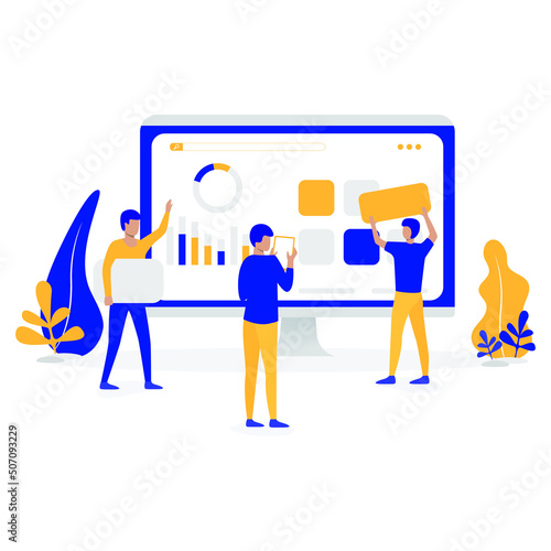 Vector illustration of business people making presentation. Men pointing at chart, diagram on monitor screen. Business presentation concept design element in flat style.