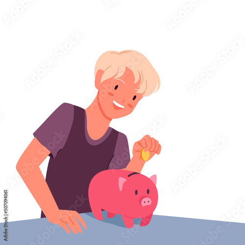 Boy saving coins in piggy bank. Personal financial budget in money box, finance deposit, planning for future dreams, increasing capital, investment funds vector illustration