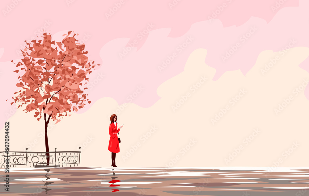 Lonely autumn tree and a alone girl in a red coat. City park and street. A young woman is standing with a smartphone. Sad and waiting. Vector art romantic illustration hand drawn in painting style Lonely autumn tree and a alone girl in a red coat. City park and street. A young woman is standing with a smartphone. Sad and waiting. Vector art romantic illustration hand drawn in painting style