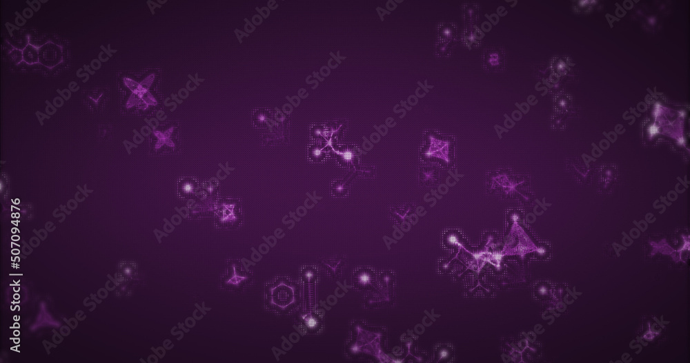 Image of multiple 3d purple glowing molecules moving and spinning in seamless loop in repetition on