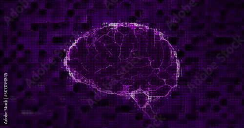 Image of a digital glowing pixelated purple 3d human brain spinning in seamless loop on glowing purp