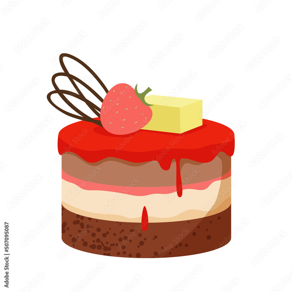Round little delicious fruit cake. Pastry sweet products, dessert yummy slice, tasty confectionery glazed pie, birthday party cake, biscuit and whipped cream vector illustration Round little delicious fruit cake. Pastry sweet products, dessert yummy slice, tasty confectionery glazed pie, birthday party cake, biscuit and whipped cream vector illustration