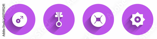 Set Mars symbol, Old magic key, Gemini zodiac and Falling star icon with long shadow. Vector