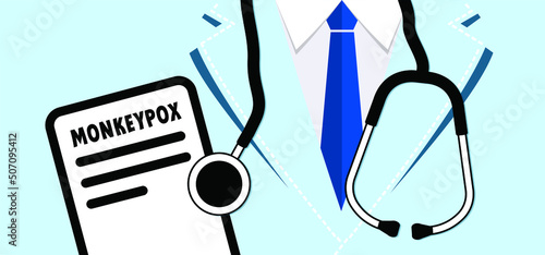 Cartoon monkey virus or monkeypox diagnoses. The virus belongs to the genus Orthopoxvirus in the family Poxviridae. infectious disease. Ape face. Vector monkey pox symbol or icon