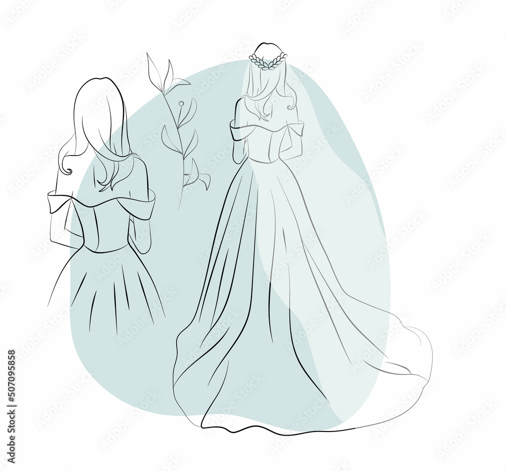 Fototapeta premium Vector illustration of a bride in the wedding dress and a veil with floral ornament and abstracts