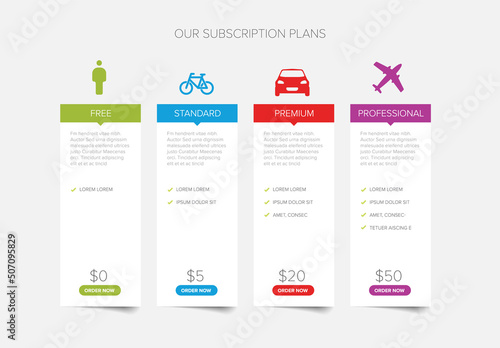 Pricing compare table light template with four product cards