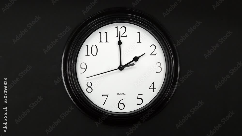 Classic Black And White Wall Clock With Black Background. Black Hands On The Clock. Timelapse. Wall Clock Face Beginning Of Time Of 2.00 Am Or Pm. 4k. ProRes. Classic Black And White Wall Clock With Black Background. Black Hands On The Clock. Timelapse. Wall Clock Face Beginning Of Time Of 2.00 Am Or Pm. 4k. ProRes.