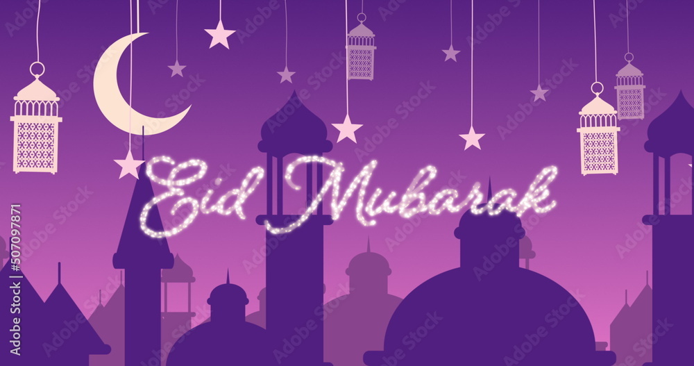 Glittery Eid Mubarak greeting with mosques and lanterns with moon and stars Glittery Eid Mubarak greeting with mosques and lanterns with moon and stars