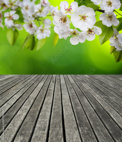 wooden table spring blossom