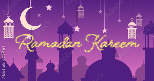 Glittery Ramadan Kareem greeting with mosques and lanterns with moon and stars