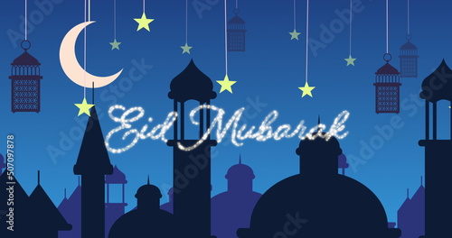 Glittery Eid Mubarak greeting with mosques and lanterns with moon and stars