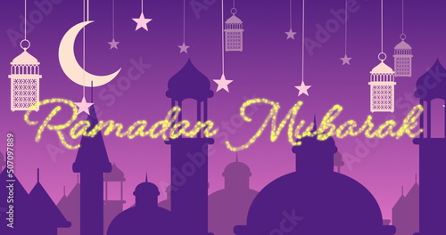 Glittery Ramadan Mubarak greeting with mosques and lanterns with moon and stars
