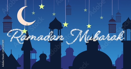 Glittery Ramadan Mubarak greeting with mosques and lanterns with moon and stars