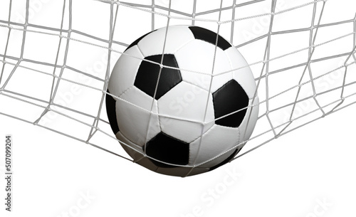 Soccer ball in goal on white