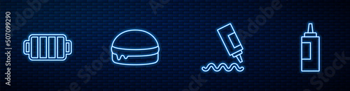 Set line Sauce bottle, Barbecue grill, Burger and . Glowing neon icon on brick wall. Vector